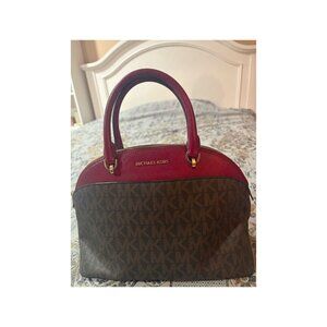 Michael Kors Brown Signature Satchel with Burgundy Leather Trim